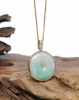 14K Yellow Gold "Good Luck Button" Necklace Green Jadeite Jade Lucky KouKou Pendant Necklace