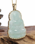 Baikalla 14k "Goddess of Compassion" Genuine Burmese Jadeite Jade Guanyin Necklace With Good Luck Design