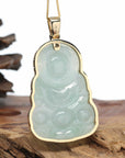 Baikalla 14k "Goddess of Compassion" Genuine Burmese Jadeite Jade Guanyin Necklace With Good Luck Design