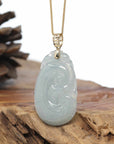Genuine Ice Blue Jadeite Jade RuYi Pendant Necklace With 18K Gold Bail