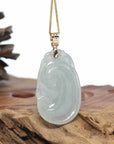 Genuine Ice Blue Jadeite Jade RuYi Pendant Necklace With 18K Gold Bail