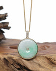 14K Yellow Gold "Good Luck Button" Necklace Green Jadeite Jade Lucky KouKou Pendant Necklace