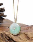 14K Yellow Gold "Good Luck Button" Necklace Green Jadeite Jade Lucky KouKou Pendant Necklace