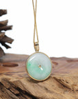14K Yellow Gold "Good Luck Button" Necklace Green Jadeite Jade Lucky KouKou Pendant Necklace