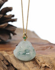 Burmese Blue Jadeite Jade Happy Buddha Necklace With 18K Gold Bail