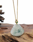 Burmese Blue Jadeite Jade Happy Buddha Necklace With 18K Gold Bail