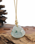 Burmese Blue Jadeite Jade Happy Buddha Necklace With 18K Gold Bail