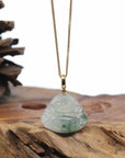 Burmese Ice Blue Green Jadeite Jade Happy Buddha Necklace With 18K Gold Bail