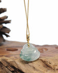 Burmese Ice Blue Green Jadeite Jade Happy Buddha Necklace With 18K Gold Bail