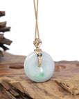 "Good Luck Button" Jadeite Jade Lucky KouKou Pendant With 14K Yellow Gold Bail