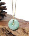 "Good Luck Button" Jadeite Jade Lucky KouKou Pendant With 14K Yellow Gold Bail
