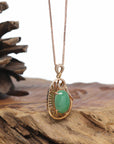 18K Rose Gold Oval Imperial Jadeite Jade Cabochon Necklace with Diamonds
