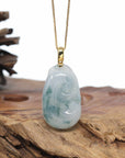 Genuine Ice Jadeite Jade RuYi Pendant Necklace With 18K Gold Bail