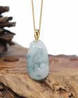 Genuine Ice Jadeite Jade RuYi Pendant Necklace With 18K Gold Bail