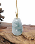 Genuine Ice Jadeite Jade RuYi Pendant Necklace With 18K Gold Bail