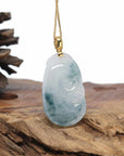 Genuine Ice Jadeite Jade RuYi Pendant Necklace With 18K Gold Bail