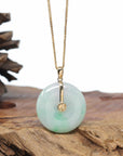 "Good Luck Button" Jadeite Jade Lucky KouKou Pendant With 14K Yellow Gold Bail