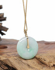 "Good Luck Button" Jadeite Jade Lucky KouKou Pendant With 14K Yellow Gold Bail