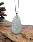 Genuine Ice Jadeite Jade RuYi Pendant Necklace With 18K Gold Bail