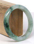 Baikalla Natural Icy Light Green W/ Deep Green Flower Jadeite Jade "Half Round" Bangle Bracelet (60.4mm)