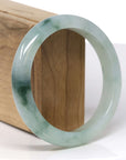 Baikalla Natural Icy Light Green W/ Deep Green Flowers Jadeite Jade "Half Round" Bangle Bracelet (60.4mm)