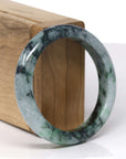 Baikalla Natural Deep Green Flower & Black Wuji Jadeite Jade "Half Round" Bangle Bracelet (55mm)