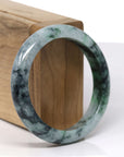 Baikalla Natural Deep Green Flower & Black Wuji Jadeite Jade "Half Round" Bangle Bracelet (55mm)