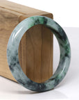 Baikalla Natural Deep Green Flower & Black Wuji Jadeite Jade "Half Round" Bangle Bracelet (55mm)