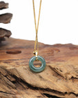 Baikalla Natural Icy Deep Blue-Green Jadeite Jade "Ping An Kou" (Good Luck Button) Pendant W/ 18ky Gold Bail & Natural Diamonds