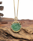 Baikalla Natural Icy Oil Green Jadeite Jade "RuYi" Pendant W/ 18ky Gold Bail & Natural Diamonds