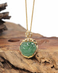 Baikalla Natural Icy Oil Green Jadeite Jade "RuYi" Pendant W/ 18ky Gold Bail & Natural Diamonds