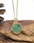 Baikalla Natural Icy Oil Green Jadeite Jade "RuYi" Pendant W/ 18ky Gold Bail & Natural Diamonds