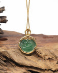 Baikalla Natural Icy Oil Green Jadeite Jade "RuYi" Pendant W/ 18ky Gold Bail & Natural Diamonds