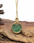 Baikalla Natural Icy Oil Green Jadeite Jade "RuYi" Pendant W/ 18ky Gold Bail & Natural Diamonds
