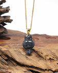 Baikalla Natural Black Wuji Jadeite Jade "Joy Bunny" Pendant W/ 14ky Gold Bail