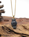 Baikalla Natural Black Wuji Jadeite Jade "Joy Bunny" Pendant W/ 14ky Gold Bail