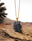 Baikalla Natural Black Wuji Jadeite Jade "Shadow Ghost" Pendant W/ 14k Gold Bail
