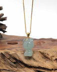Baikalla Natural Icy Oil-Green Jadeite Jade "Lucky Kitty" Pendant W/ 14ky Gold Bail