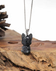 Baikalla Natural Black Wuji Jadeite Jade "Happy Fox" Pendant W/ 14kw Gold Bail