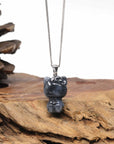 Baikalla Natural Black Wuji Jadeite Jade "Lucky Kitty" Pendant W/ 14kw Gold Bail