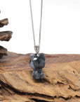 Baikalla Natural Black Wuji Jadeite Jade "Lucky Kitty" Pendant W/ 14kw Gold Bail