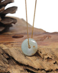 Baikalla Natural Blue-Green W/ Sajin (Golden Dust) Jadeite Jade "Ping An Kou" (Good Luck Button) Pendant Necklace