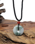Baikalla Natural Deep Blue-Green Patches Jadeite Jade "Ping An Kou" (Good Luck Button) Pendant Necklace