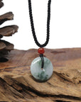 Baikalla Natural Deep Blue-Green Patches Jadeite Jade "Ping An Kou" (Good Luck Button) Pendant Necklace