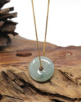 Baikalla Natural Blue-Green W/ Sajin (Golden Dust) Jadeite Jade "Ping An Kou" (Good Luck Button) Pendant Necklace