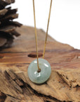 Baikalla Natural Blue-Green W/ Sajin (Golden Dust) Jadeite Jade "Ping An Kou" (Good Luck Button) Pendant Necklace