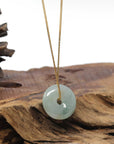 Baikalla Natural Blue-Green W/ Sajin (Golden Dust) Jadeite Jade "Ping An Kou" (Good Luck Button) Pendant Necklace
