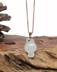 Baikalla Natural Icy Light Green Flower Jadeite Jade "Joy Bunny" Pendant W/ 14kr Gold Bail