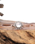 Baikalla 18k White Gold Natural Icy Cabochon Jadeite Jade Ring w/ Rose Cut Diamonds Halo