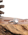 Baikalla 18k White Gold Natural Icy Cabochon Jadeite Jade Ring w/ Rose Cut Diamonds Halo